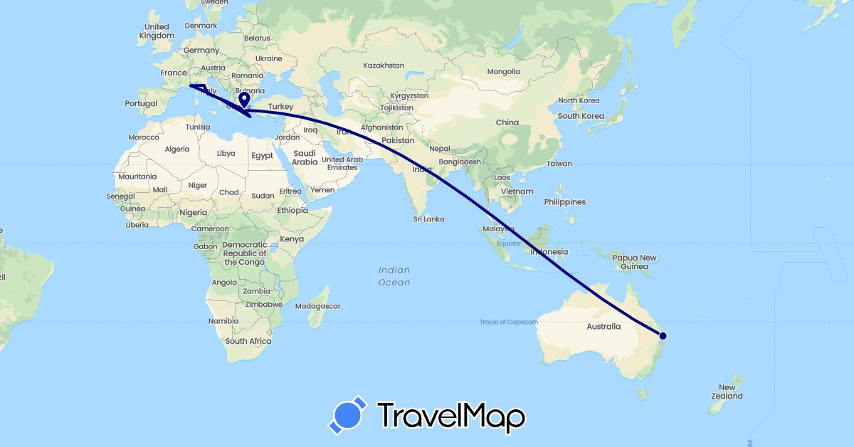 TravelMap itinerary: driving in Australia, France, Greece, Italy, Monaco (Europe, Oceania)